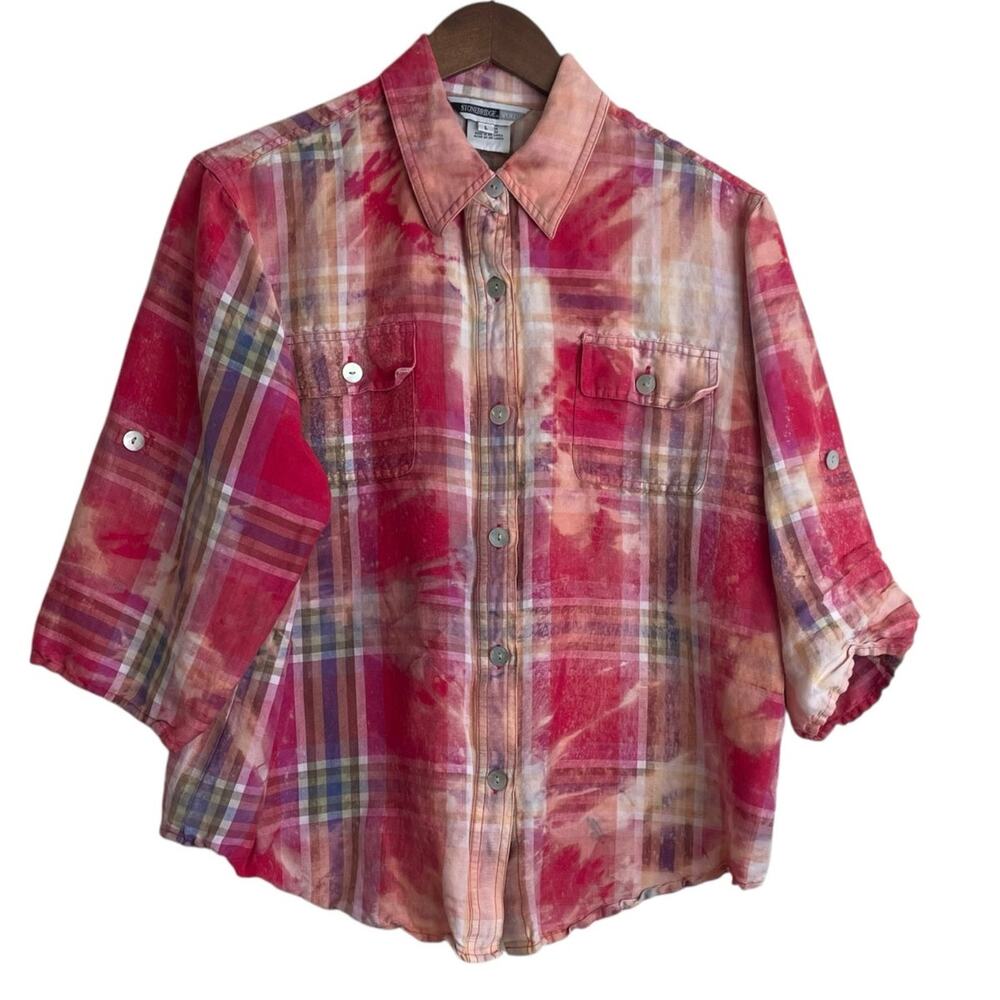 Stonebridge Women Camp Top L Colorful Abstract Plaid Button Up Linen Blend Artsy
